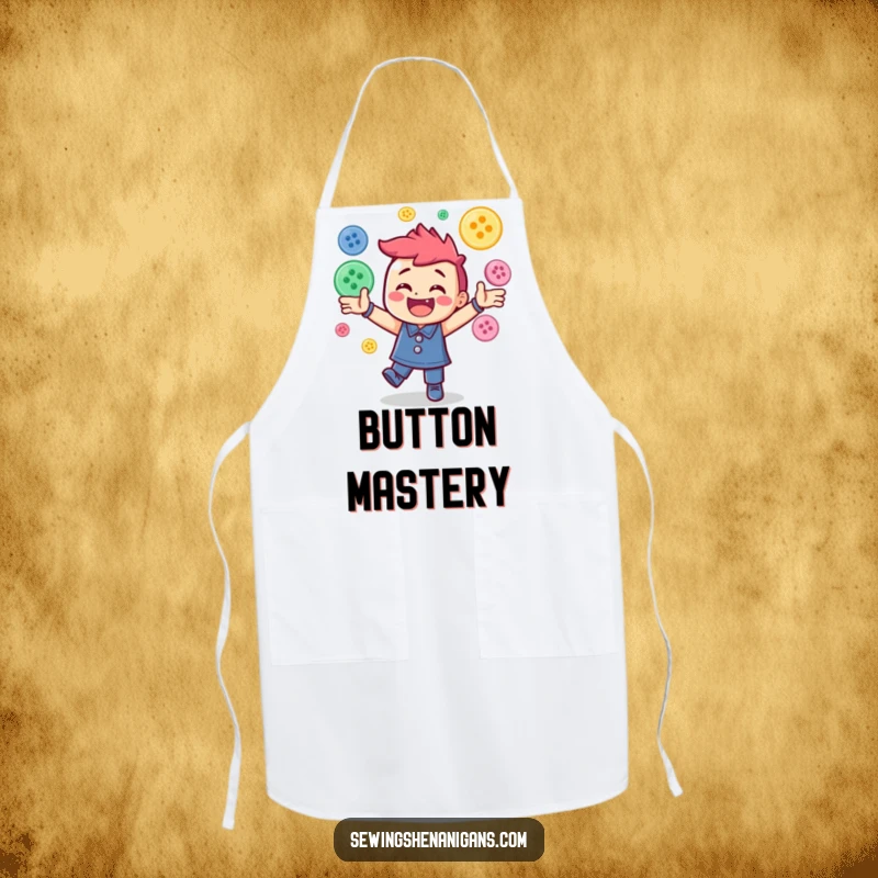 Funny apron depicting a joyful character energetically juggling a variety of colorful sewing buttons, practical and humorous kitchen/craftwear.