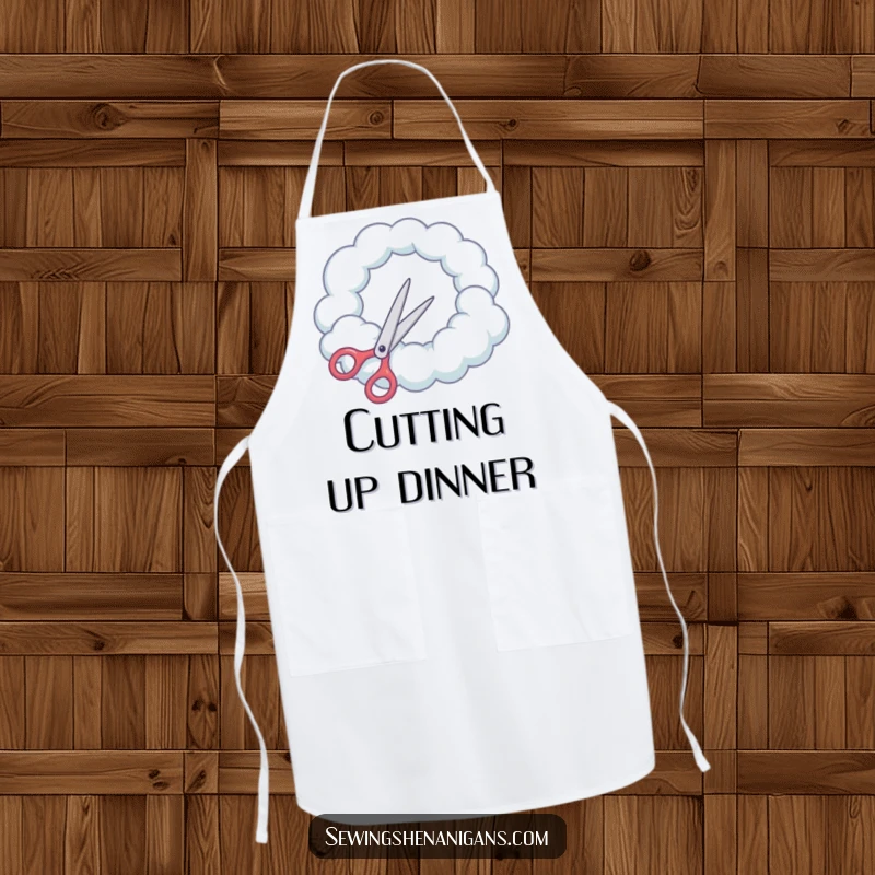 Funny Apron: Scissors attempt to cut a round hole in a cloud, a humorous and practical accessory.