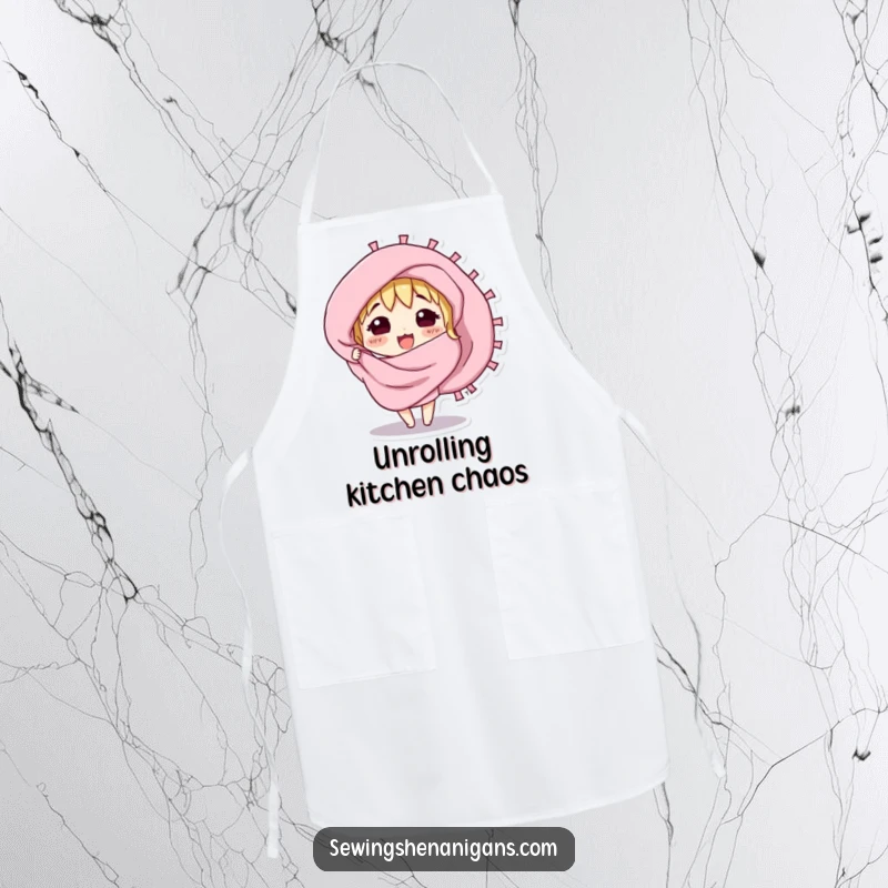 Funny apron with a curious fabric swatch character excitedly unfurling, adding style to kitchen activities.