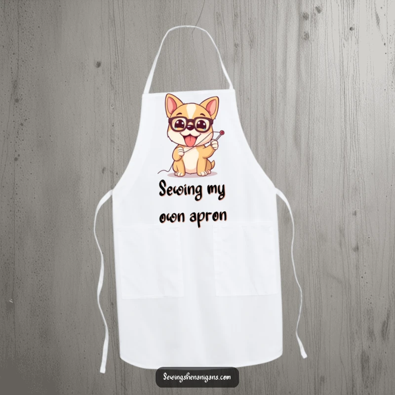 Funny dog wearing glasses, struggling to thread a giant needle, a practical and humorous apron for cooks and crafters.