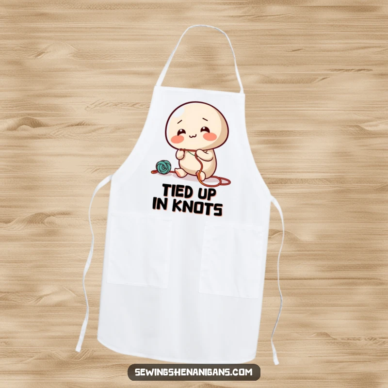 Funny apron with a giggling needle character enthusiastically threading colorful string, perfect for a joyful cooking experience.