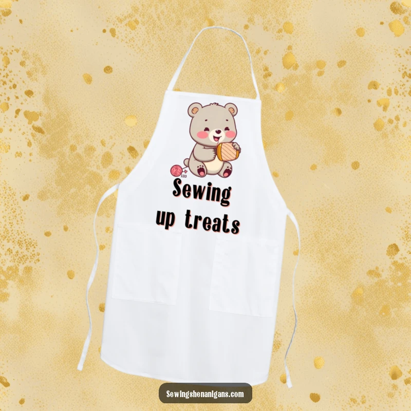 Funny jolly bear cub with sewing thimble, hammering a spool, featured on a funny apron, perfect for a DIY funny gift.