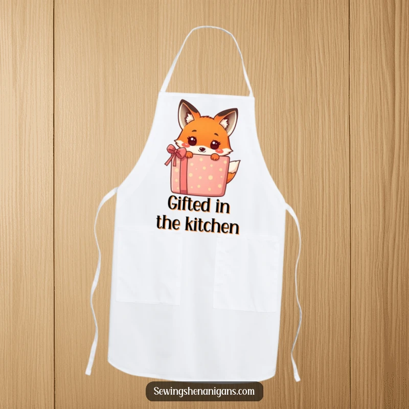 Funny kawaii fox peeking from behind a vibrant gift box, a humorous and charming design on this kitchen apron, great for cooking.