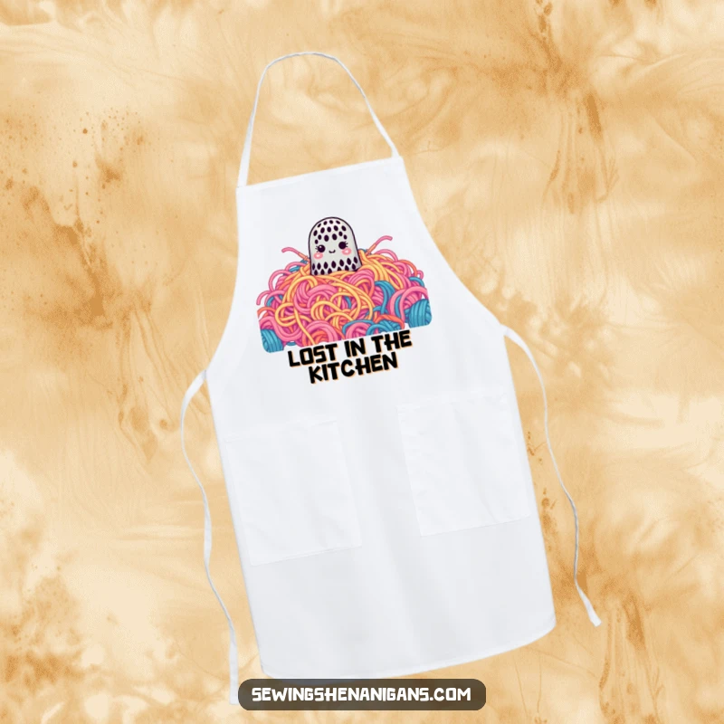 Funny Apron: A cute thimble is lost in a gigantic pile of colorful yarn, a humorous and practical accessory.