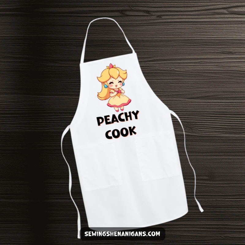 Funny Peach Dress Apron: A playful peach character trying on a tiny dress, perfect for a funny cooking gift.