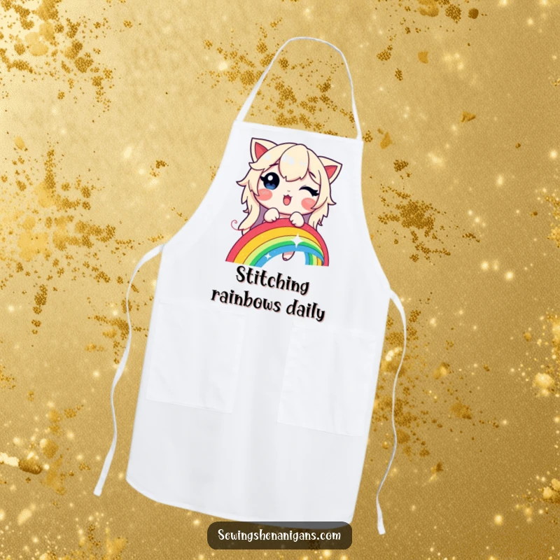 Funny, durable apron depicting a delighted character stitching a glowing rainbow with a shimmering thread.