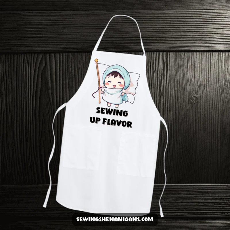 Funny apron depicting a happy character sewing a smiling face onto a waving flag, practical and humorous patriotic wear.