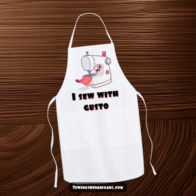 Funny Apron: A mischievous sewing machine character gleefully zooms across fabric, designed for protection and sewing humor.