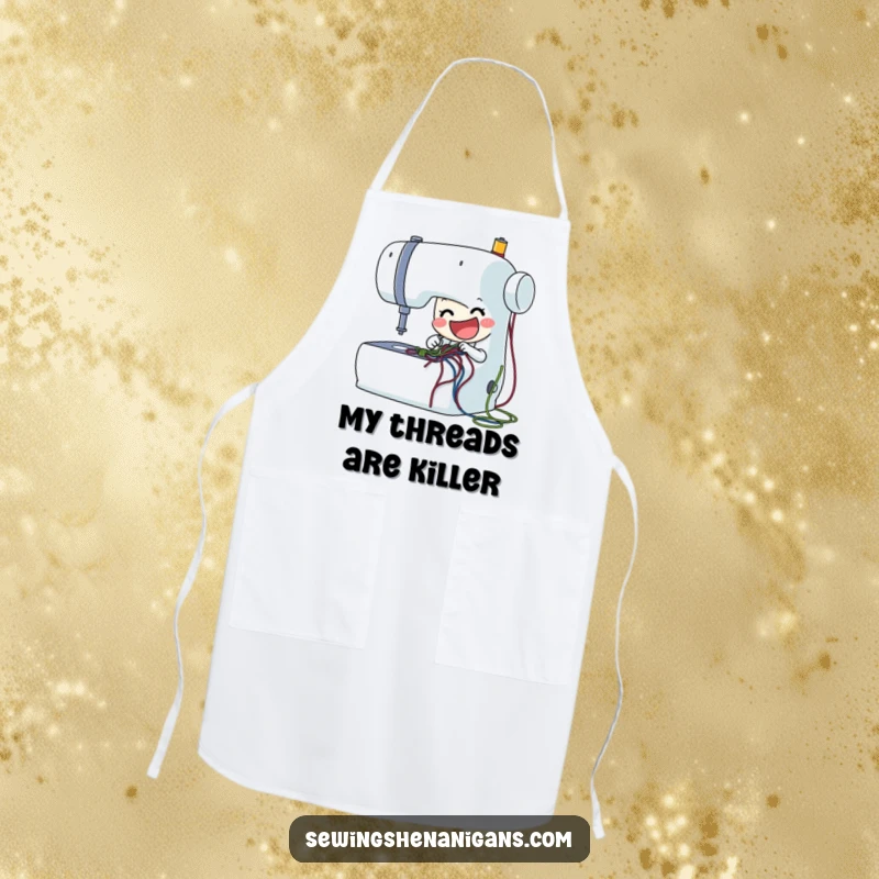 Funny sewing machine apron with a delighted character stitching, perfect for kitchen fun and as a humorous crafting funny gift.