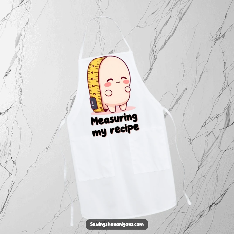 Funny apron print of a measuring tape character comically attempting to measure its own short length, designed for humorous DIY tasks.