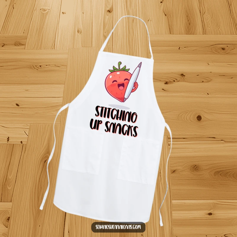 Funny Strawberry Needle Apron: A happy strawberry character holding a large needle, perfect for a funny cooking gift.