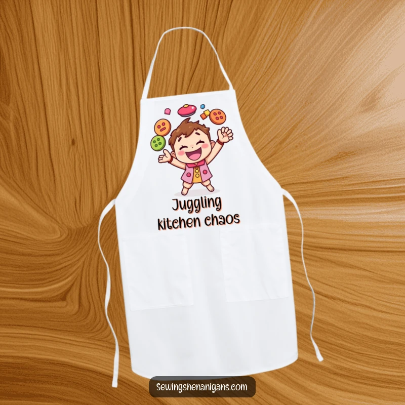 Funny apron showing a happy character juggling colorful buttons, ideal for protecting clothes during crafting with a humorous flair.