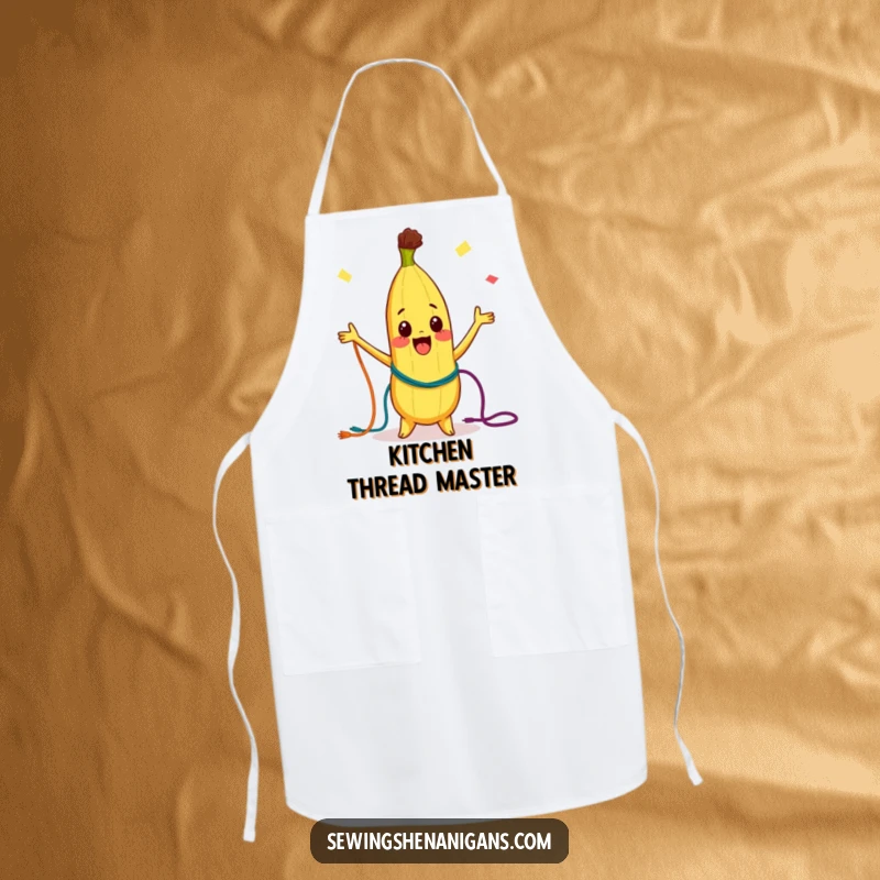 Funny Apron: A curious banana character joyfully juggling colorful threads, keeping you clean with a side of playful charm.