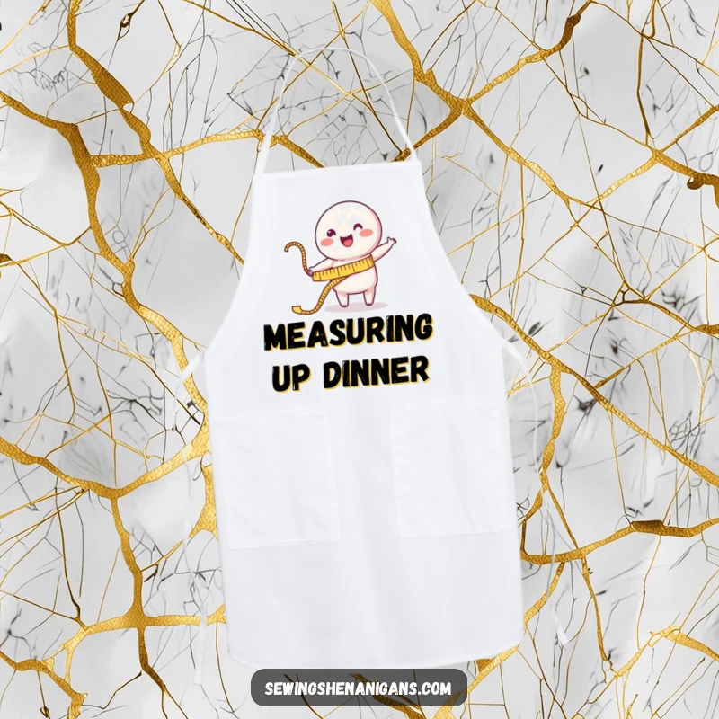 Funny Apron: A happy measuring tape character cheerfully stretches towards a garment, designed for sewing precision and fun.