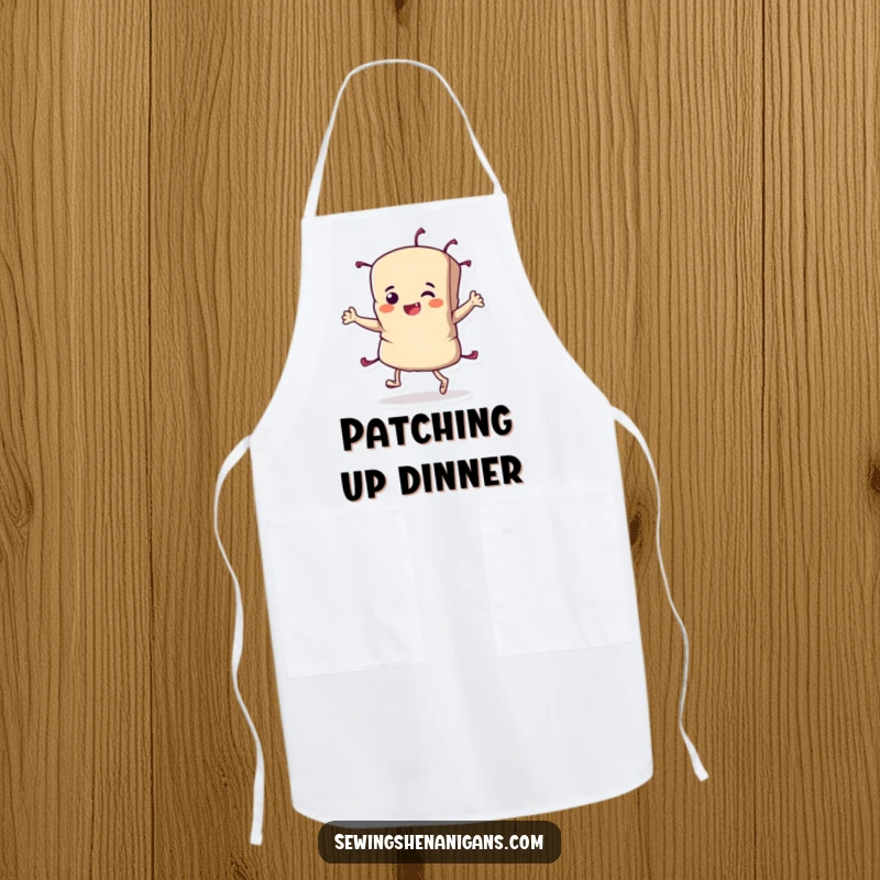 Funny Fabric Scrap Apron showing a determined character doing a triumphant jig, perfect for cooking or crafting with a celebratory vibe.