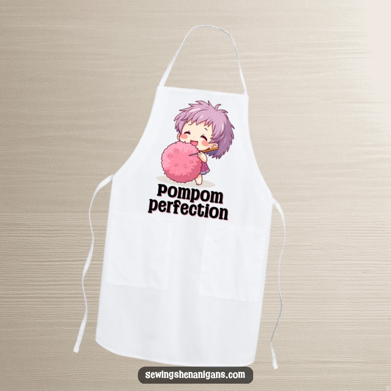 Funny apron depicting a happy character playfully poking a giant pom-pom with a needle, practical and humorous for any maker.