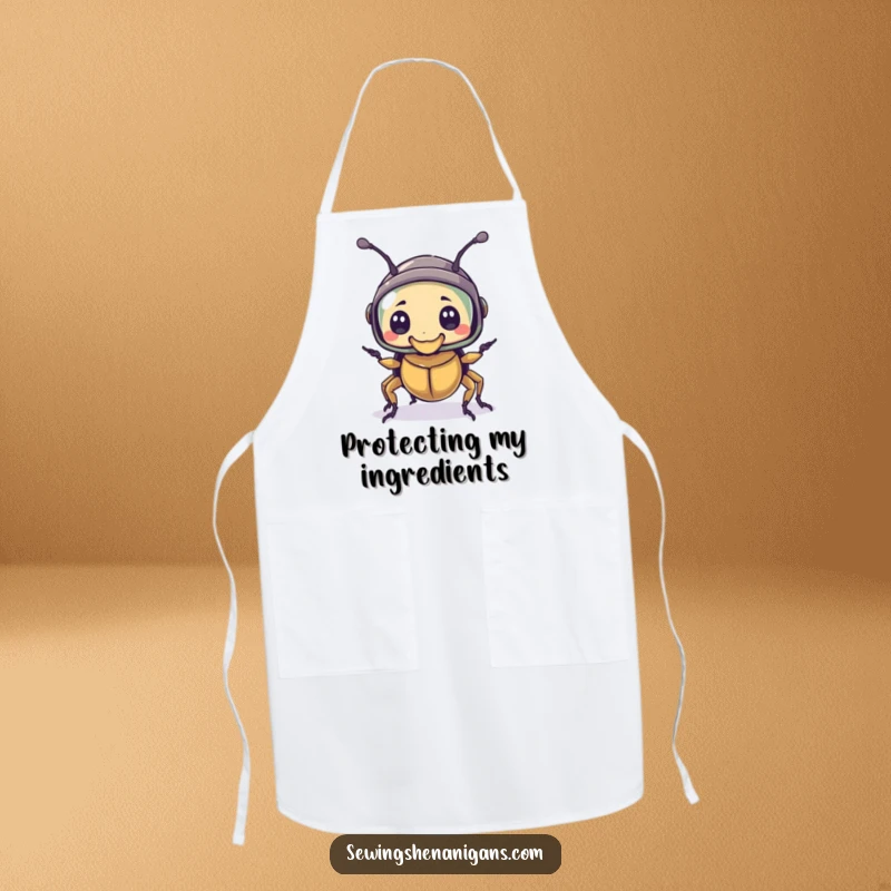 Funny apron print of a bewildered beetle character wearing a thimble as a helmet, designed for humorous kitchen adventures.