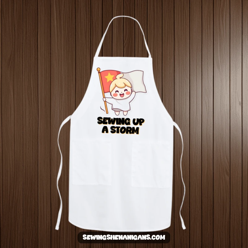 Funny apron showing a cheerful character sewing a smiling face onto a waving flag, perfect for happy crafting sessions.