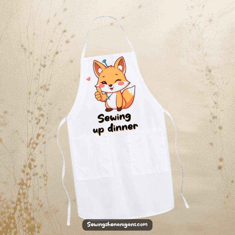Funny happy fox with a sewing pin, giving a thumbs up, featured on a funny apron, perfect for a crafty funny gift.