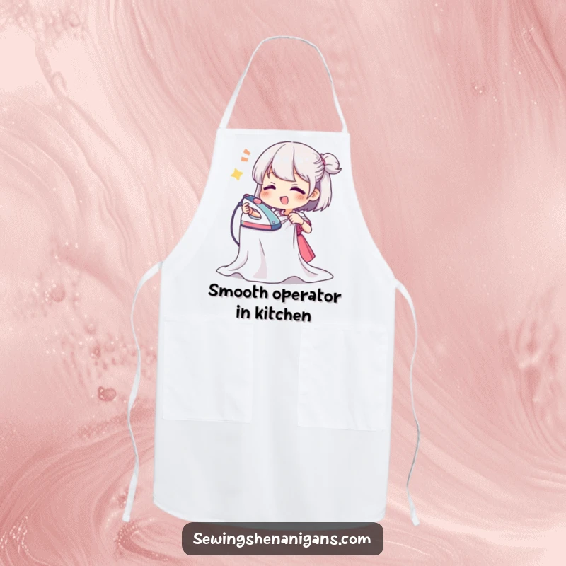 Funny apron showing a character zealously ironing a crinkled textile, perfect for protecting clothes with a humorous touch in the kitchen.