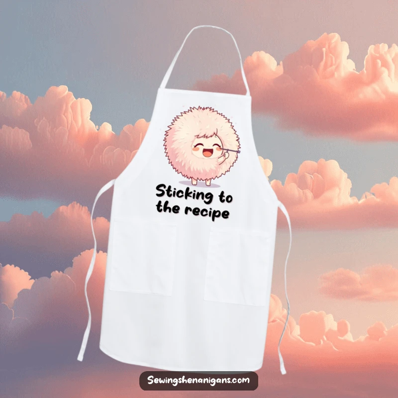 Funny apron showing a joyful character poking a giant pom-pom with a needle, perfect for creative sessions with a humorous twist.