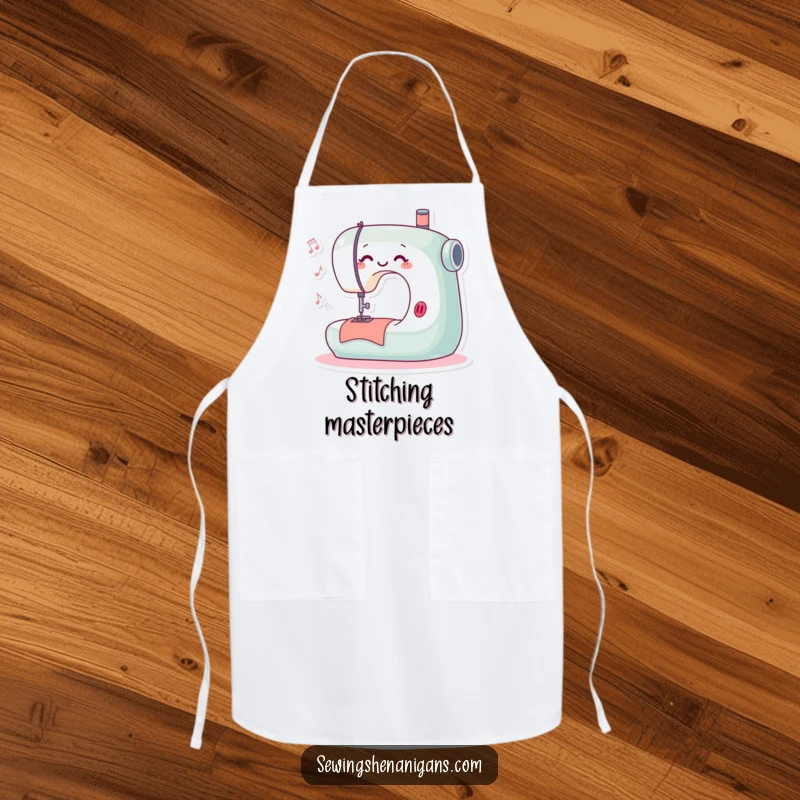 Funny apron showcasing a playful sewing machine character happily stitching and humming, designed for sewists who enjoy their craft.