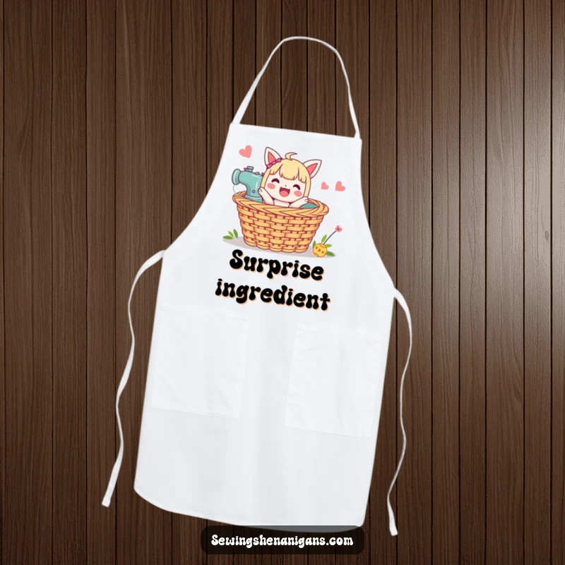 Funny Sewing Basket Apron: A character pops from a sewing basket, ideal for sewing and crafting with joy.