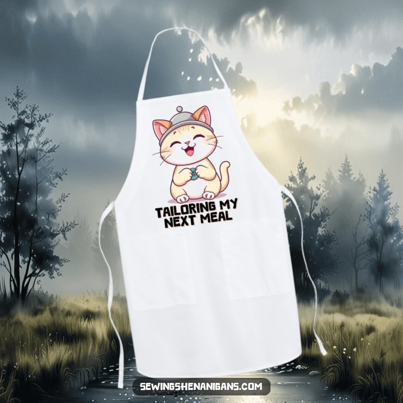 Funny cat wearing a thimble hat, enthusiastically sewing a button, a practical and humorous apron for cooks and crafters.