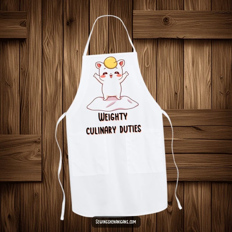 Funny Pattern Weight Apron showing a whimsical character posing dramatically on fabric, perfect for cooking or crafting with theatrical flair.