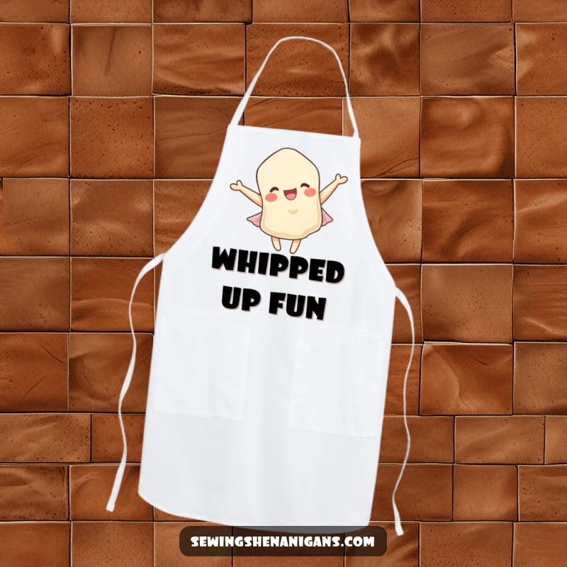 Funny apron: A delighted fabric scrap character cheerfully fluttering while perhaps guarding against kitchen messes with humor.