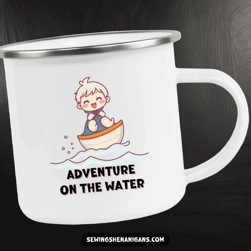 Funny camping mug featuring a giggling character sailing a thimble boat, perfect for beverages on the go with a humorous touch.
