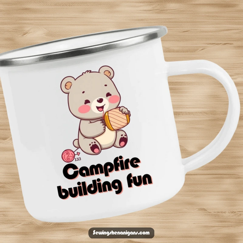 Funny jolly bear cub wearing a sewing thimble, hammering a spool, on a durable camping mug, ready for a funny DIY gift.
