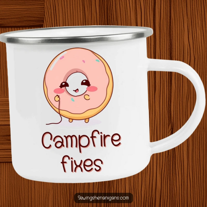 Funny Donut Stitching Camping Mug: A giggling donut character attempting to stitch a hole, perfect for a funny outdoor adventure gift.