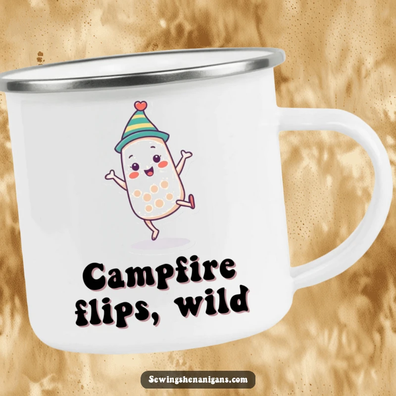 Funny thimble character camping mug doing a cartwheel, perfect for outdoor adventures and as a unique funny gift.