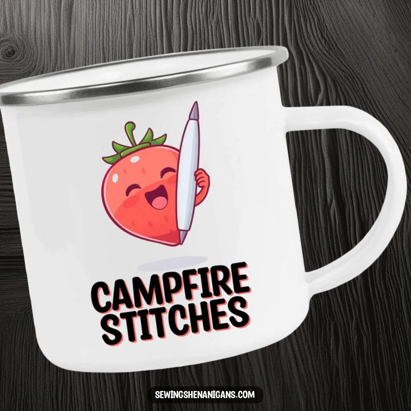 Funny Strawberry Needle Camping Mug: An excited strawberry character holding a large needle, perfect for a funny outdoor adventure gift.