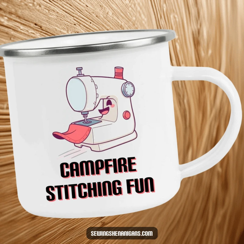 Funny Camping Mug: A mischievous sewing machine character gleefully zooms across fabric, perfect for enjoying drinks outdoors.