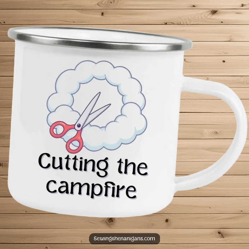 Funny Camping Mug: Scissors attempt to cut a round hole in a cloud, perfect for outdoor dreamers.