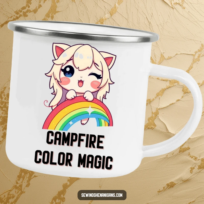 Funny, enamel camping mug depicting a delighted character stitching a glowing rainbow with a shimmering thread.