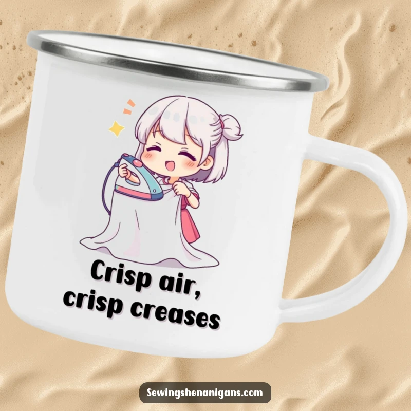 Funny camping mug featuring a character enthusiastically ironing a crinkled fabric, perfect for outdoor adventures and laundry humor.