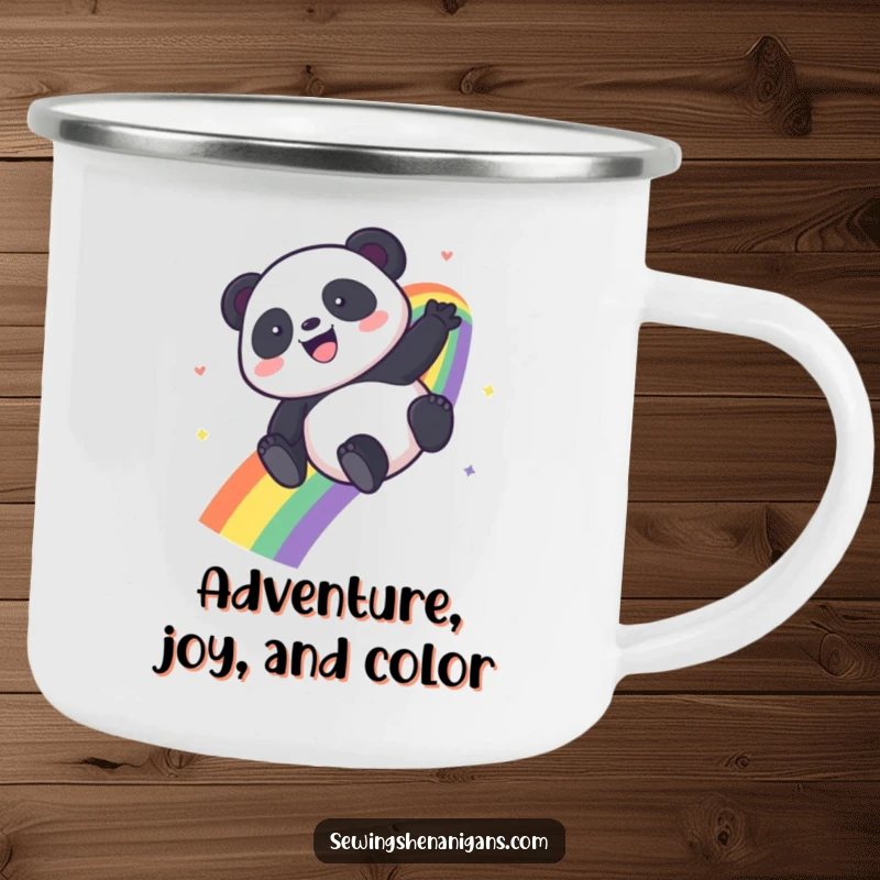 Funny Kawaii Panda camping mug showing a panda sliding down a rainbow, ideal for outdoor enthusiasts.