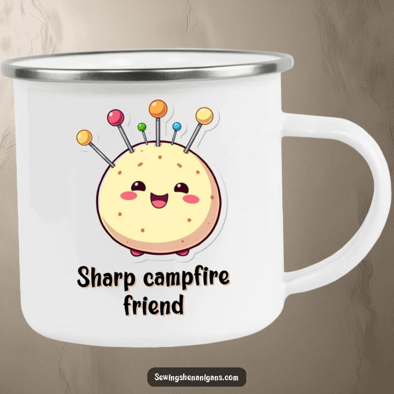 Funny camping mug showing a beaming pin cushion character with colorful pins, perfect for sewers who enjoy outdoor activities.