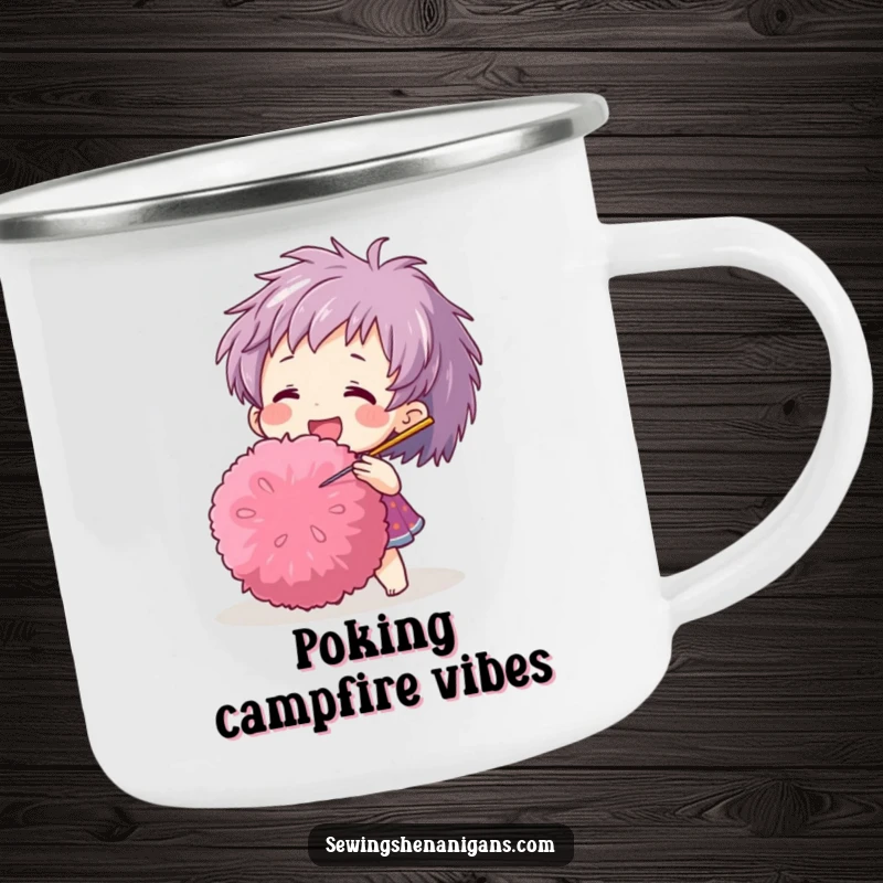 Funny camping mug showing a happy character poking a giant pom-pom with a needle, designed for adventurous crafters.