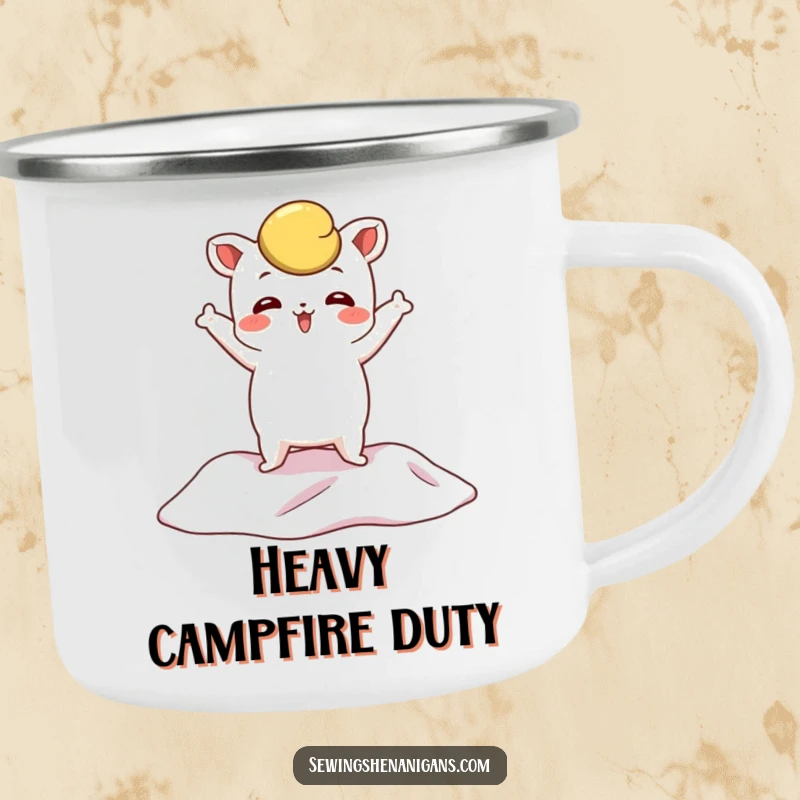 Funny Pattern Weight Camping Mug with a whimsical character posing dramatically on fabric, ideal for outdoor use and sewing enthusiasts.