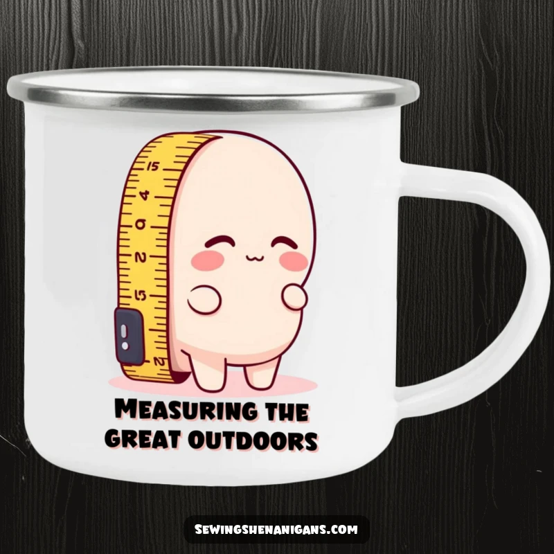 Funny camping mug featuring a measuring tape character comically attempting to measure its own short length, perfect for outdoor chuckles.