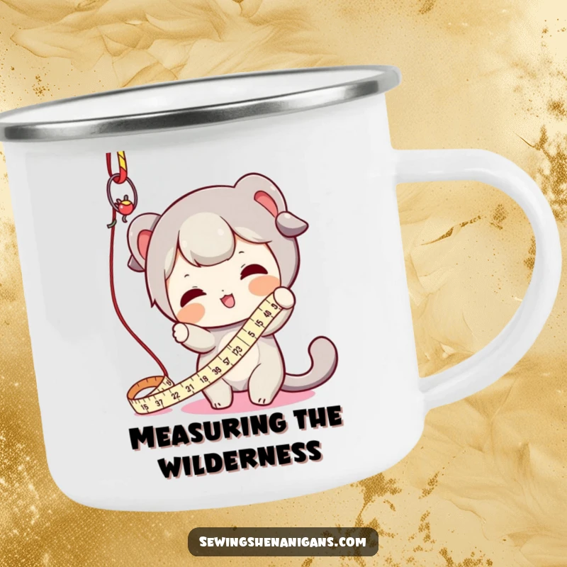 Funny camping mug featuring a character playfully batting a dangling measuring tape, perfect for outdoor crafting sessions and humor.