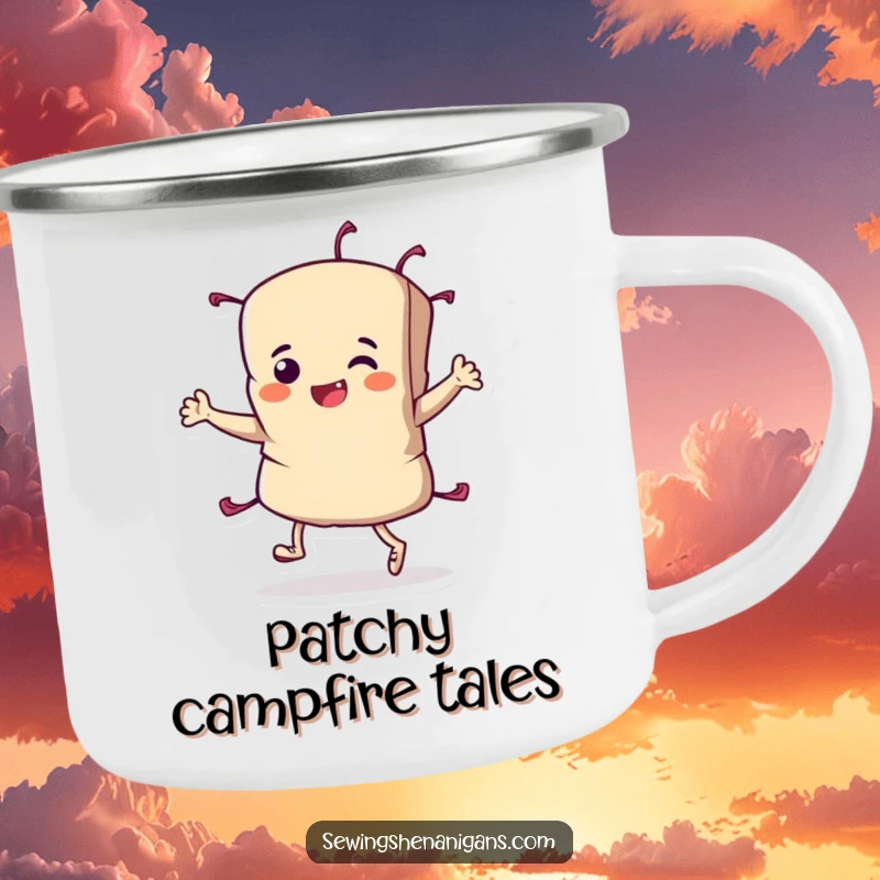 Funny Fabric Scrap Camping Mug with a determined character doing a triumphant jig, ideal for outdoor use and sewing enthusiasts.