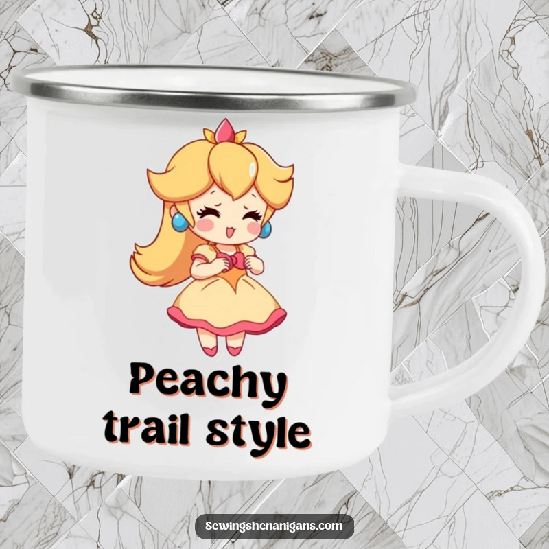 Funny Peach Dress Camping Mug: A playful peach character trying on a tiny dress, perfect for a funny outdoor adventure gift.