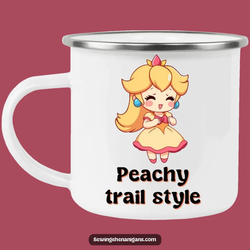 Funny Peach Dress Camping Mug: Adventure Fuel with Playful Style