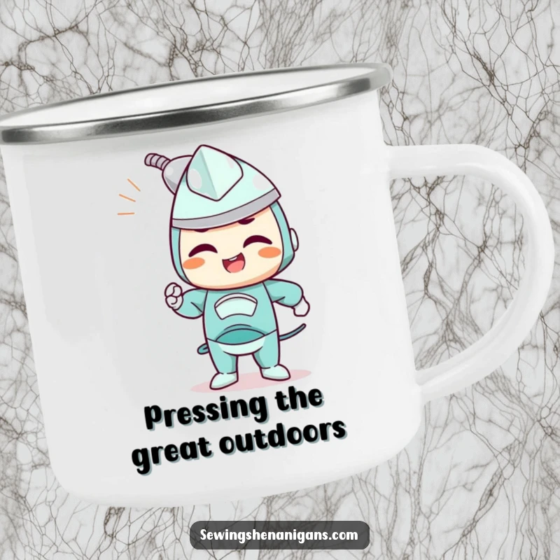 Funny camping mug with a determined iron character joyfully smoothing out wrinkles, perfect for outdoor focus.
