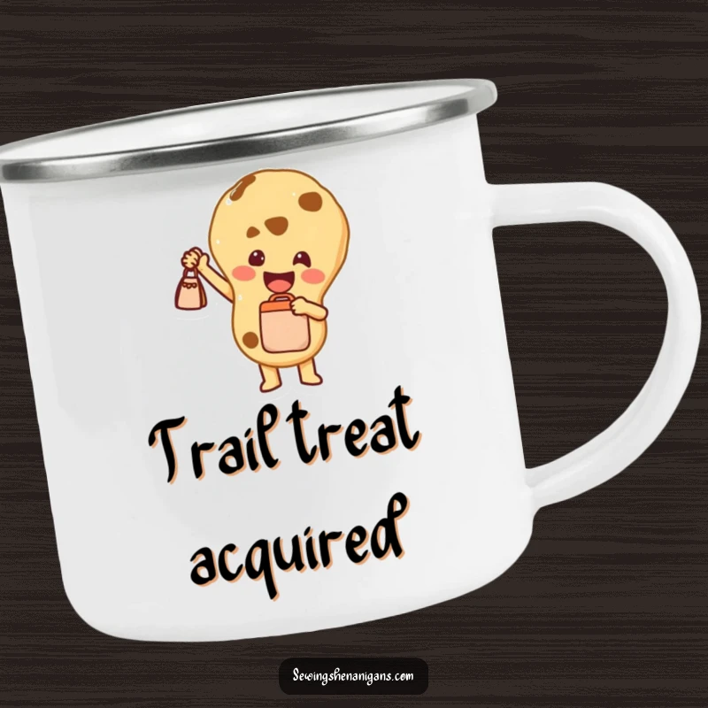 Funny Camping Mug: A joyful cookie character holding a tiny bag, ready for outdoor fun and spreading sweet vibes.